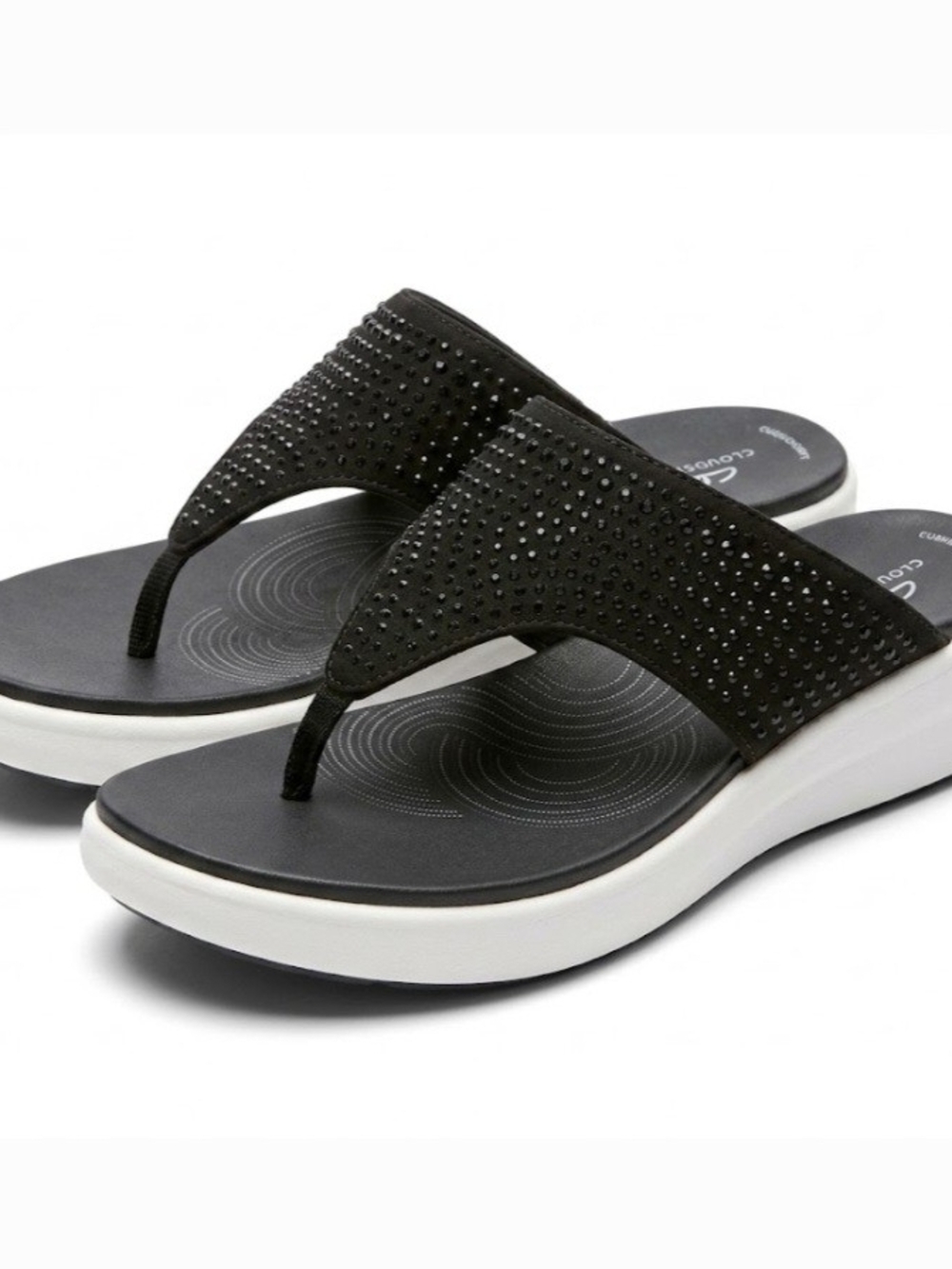 CLARKS Cloudsteppers  Clarks Women's Black Rhinestone Thong Wedge Sandals Size 8